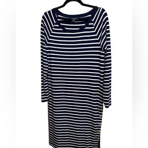 Lauren Ralph Lauren Navy White Stripe Dress M Nautical Button Detail Stretch
